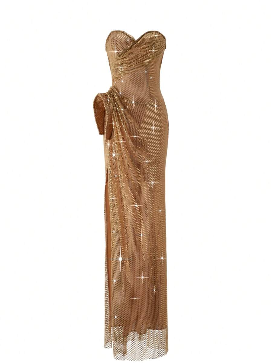 New Sequined Strapless Elegant Side-Slit Women Evening Dress