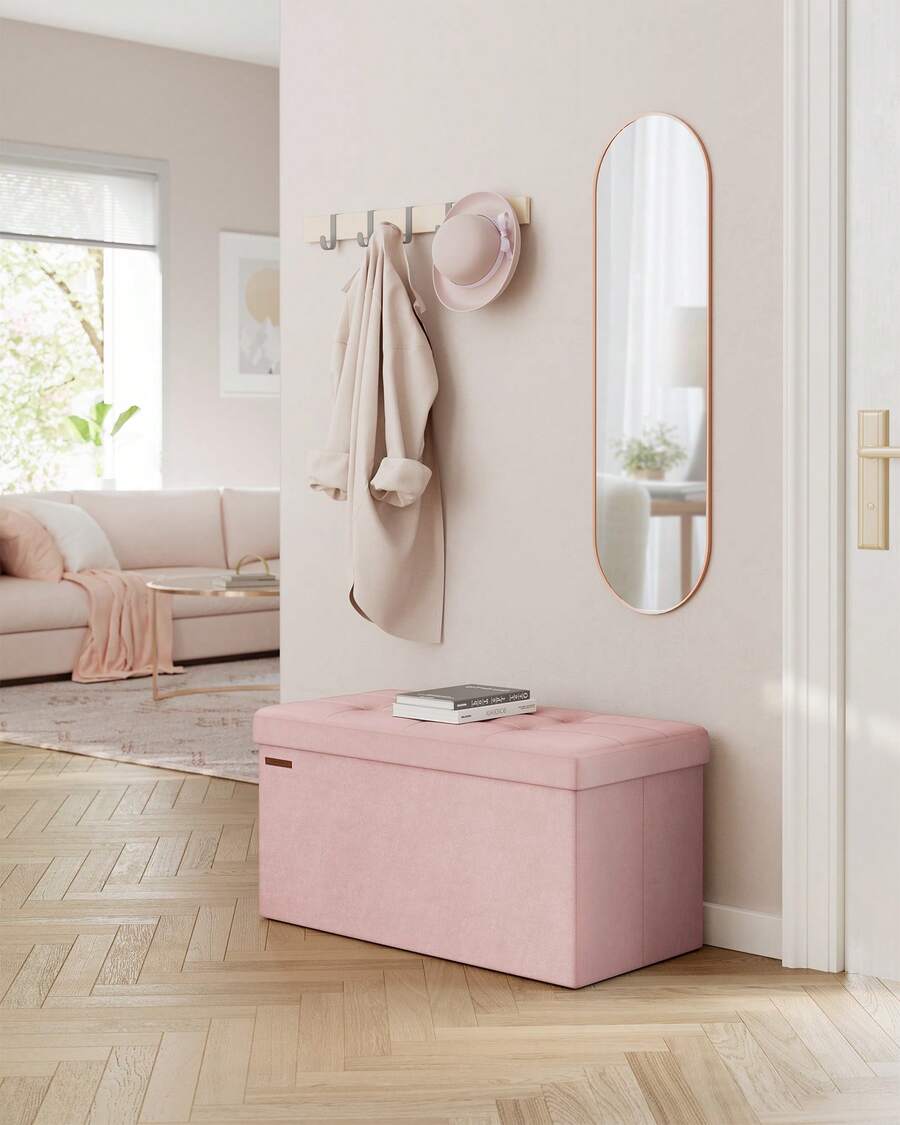 Puff Almacenaje, Baúl de Almacenaje Plegable, 38 x 76 x 38 cm, Taburete Reposapiés, Banco de Cubo, Soporta hasta 300 kg, para Sala de Estar, Dormitorio, Entrada, Rosa Jalea - Rosa - Ver 1