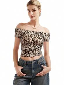 Women Double Lined Off Shoulder Tops Fitted Going Out Basic Shirts - Cheetah - View 1