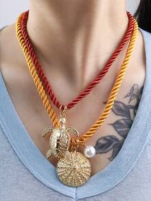 4pcs/Set, 3pcs, 2pcs, 1pc Bohemian Style Ocean Conch, Faux Pearl, Turtle, Fish, Shell, Sun, Crab, Small Fish, Plant Pendant Necklace, Leather Cord Necklace Pendant, Simple & Fashionable Beach Holiday Accessories - Multicolor - View 7