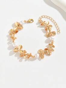 1pc Women Bohemian Pearl Flower Linked Gold Tone Chain Bracelet, Stylish Jewelry Design Suitable For Daily Wear, Beach, Travel