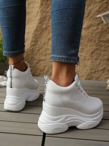 2025 Best Selling Lace-Up Thick Sole Platform Wedge Knit Breathable Women Casual Sports Sneakers, Versatile All Season