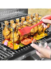 1 Set Edelstahl Grill Hühnchenbeinhalter + Auffangschale / Nur 1 Stück Hühnchenbeinhalter, zweilagiger Gemüse- und Fleischgrill, Küchenausstattung, Küchenartikel, BBQ Zubehör