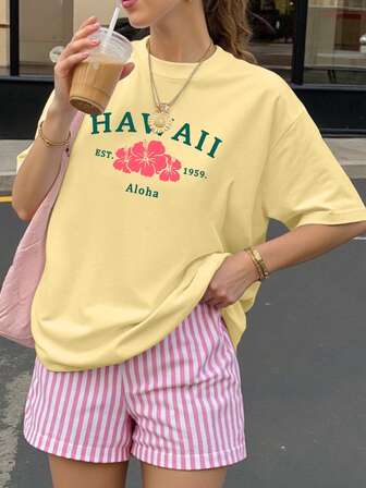 Hawaiian Floral Print Loose Women's Short Sleeve Summer Dress, Suitable For Spring Festival, Chinese New Year, Year Of The Horse, New Year, Valentine's Day, Valentine's Day Gift, Gift For Her On Valentine's Day, Etc.