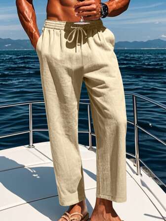 Herren Leinen Hosen, Sommer Kordelzug Strand atmungsaktive lange Hosen, elastischer Bund Lässig Cargo Hosen für Herren, geeignet für Urlaub, Pendeln, legerer Street-Style