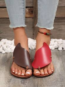 夏季新款双色芒果女士一脚蹬休闲平底凉鞋 - 紅棕色 - 查看 4