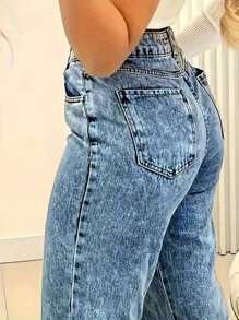 Jeans de tiro alto y pierna recta con bolsillos, de corte holgado y versátil para mujer