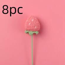 8pcs Handmade Crochet Strawberry Flower Bouquet, Red & Pink, Suitable For Home Decor, Holiday Decor, Valentine's Day & Birthday Gifts, Creative Present