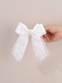 2 piezas de grandes lazos para el cabello de encaje con estilo de hada, pasadores de cabello con cola larga blanca con clip de flores de perla para uso diario y fiesta de boda, regalos perfectos para niñas, accesorios para el cabello