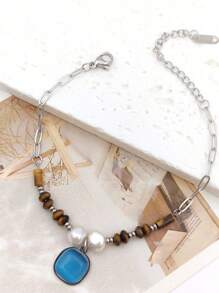 1pc Women's Blue Natural Stone Beaded Bracelet, Summer Fashion Jewelry