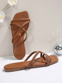 Women's Summer New Flat Sandals, Fashion Woven Square Toe Slip-On Comfortable Ladies Flat Slippers, Simple Versatile Beach Sandals