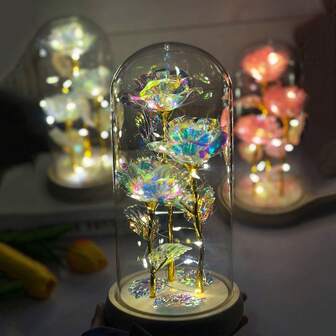 Cutie cadou creativă pentru absolvire/Ziua profesorului, trandafir conservat în cupolă de sticlă cu 3 trandafiri artificiali și lumini LED, decor pentru casă, potrivită pentru Ziua Mamei, Ziua Îndrăgostiților, Crăciun, Ziua Recunoștinței, cadouri de ziua de naștere