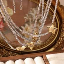 1 pieza Collar de cadena con cristales de acero inoxidable enchapado en oro de 18K para mujeres, de moda y de alta gama, adecuado para fiesta, cita y uso en la oficina