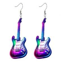 2D Flat Colored Guitar & Vinyl Record Music Festival Earrings - Boho Style 2D Flat Acrylic Cartoon Pendant With Zinc Alloy Hook, Lightweight And Durable Jewelry, Suitable For Concerts, Festivals, Casual Outfits - Perfect Gift For Music Lovers