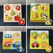 1 件卡通木制拼图玩具，早教手抓板，带卡通动物和水果图案，幼儿园认知发展拼图 - 彩色 - 查看 6