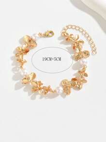 1pc Women Bohemian Pearl Flower Linked Gold Tone Chain Bracelet, Stylish Jewelry Design Suitable For Daily Wear, Beach, Travel