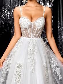 Vestidos de noiva elegantes com bordados em malha LVNES, com miçangas e lantejoulas, sem mangas e corte A - Branco - Ver 2
