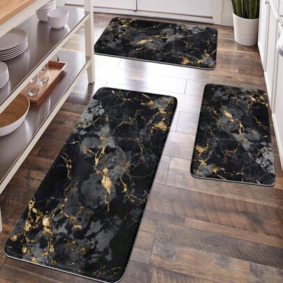 1pc Black And Gold Marble Pattern Floor Mat, Soft Plush Surface, Modern Minimalist Style, Home, Bathroom, Kitchen Decor, Anti-Fatigue Mat Room Decor Bathroom Accessories Back To School Entryway Decor Bathroom Kitchen Decor
