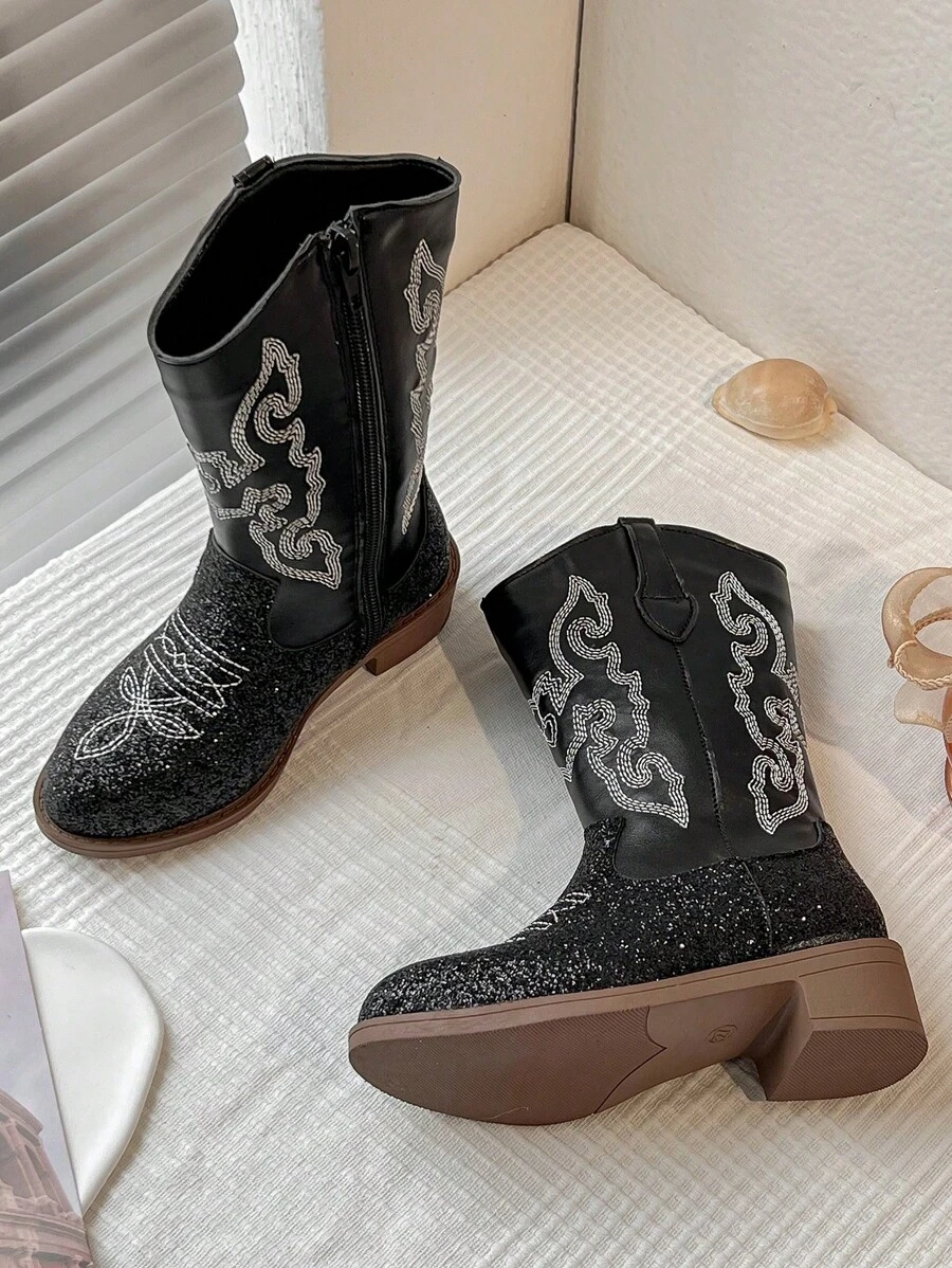 1 Pair Of Children's Flame Pattern, Glitter Trim, Faux Leather, Mid-Top Zipper, Low Heel, Western Cowboy Style, Boots, Everyday/Party Wear Children's Boots