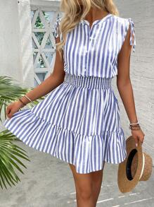 Summer Linen-Feel Blue & White Striped Bowknot Sleeveless A-Line Mini Casual Dress For Women