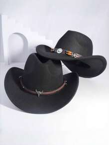 2 pièces Chapeau de cow-boy, chapeau de plage, chapeau Panama, chapeau de soleil, chapeau de cow-girl en feutre doux, fedora unisexe avec décoration de tête de bétail brodée, style bohème pour l'extérieur
