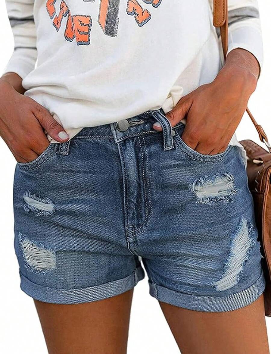 CHICZONE Womens Mid-High Rise Ripped Jean Shorts Distressed Stretchy Shorts - #4 Blue - View 1
