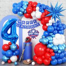 Decoraciones para fiesta de cumpleaños de deportes/béisbol: Arcos de globos en azul marino, rojo y blanco, globos de número 32" en azul marino, guirnaldas de borlas, apropiado para decoraciones de fiesta de cumpleaños con tema de béisbol