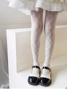 1 Pair Girls/Kids Vertical Striped Mesh Hollow Breathable Cute Floral Pattern Tights, Fashion Korean Style White Color, Spring/Summer - White - View 4