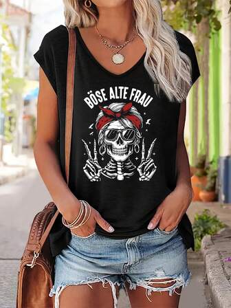 Women's V-Neck Sleeveless Black Tank Top With Funny Skull Print, Summer