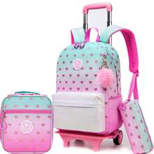 Set de 3 mochilas con ruedas para niñas - Mochila con ruedas para estudiantes de primaria - Equipaje de mano tipo mochila - El mejor regalo para niñas - Bolso con ruedas Love con estampado dorado multicolor - Ver 11