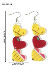 1Pair Casual Acrylic Pencil Ruler Apple Shape Printed Heart Shape Drop Earrings For Women Girls For Back To School Season Or Teacher's Day Accessories Jewelry