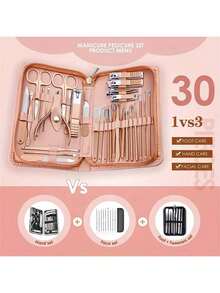30 件经典美甲和修脚套装，含不锈钢指甲钳、角质层钳、镊子、指甲锉、凹形刀片边缘 - 无香型手部、足部、面部护理工具，PU 皮盒包装 - 彩色 - 查看 3