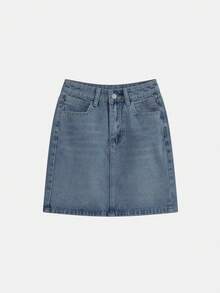 休闲洗水牛仔 A 字迷你裙，春夏 - 藍色 - 查看 2