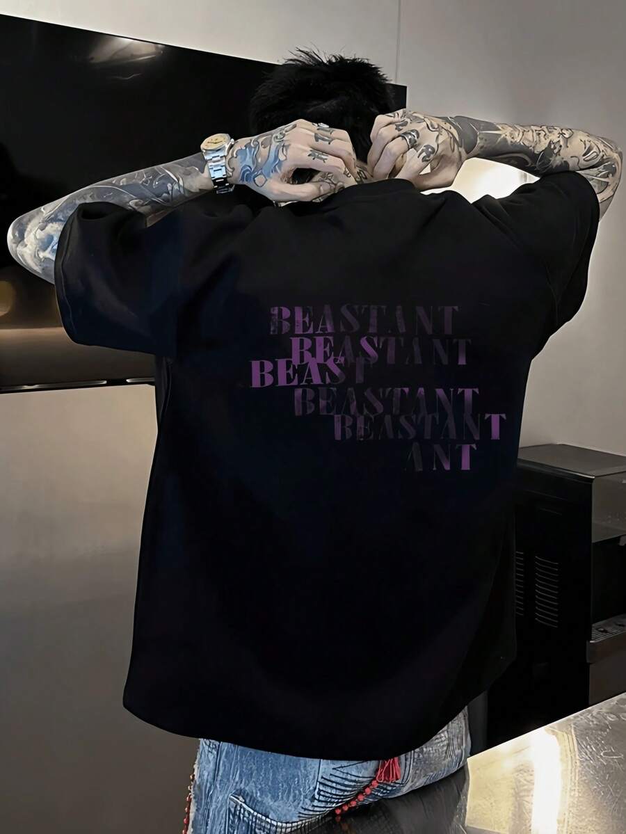 Must-Have! 100% Cotton Short-Sleeved T-Shirt For Men, 200g Heavyweight And Breathable Fabric, Fashionable Print, Very Casual, Comfortable - 黑色 - 查看 1