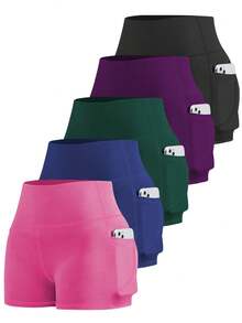 5 件/套加大码女式高腰弹力短裤，收腹，提拉瑜伽短裤，带口袋，适合骑行、跑步、健身、夏季 - 彩色 - 查看 2