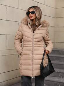 Giolshon 女士休闲连帽夹克，带口袋，轻便羽绒服，适合日常穿着 - 米色 - 查看 10