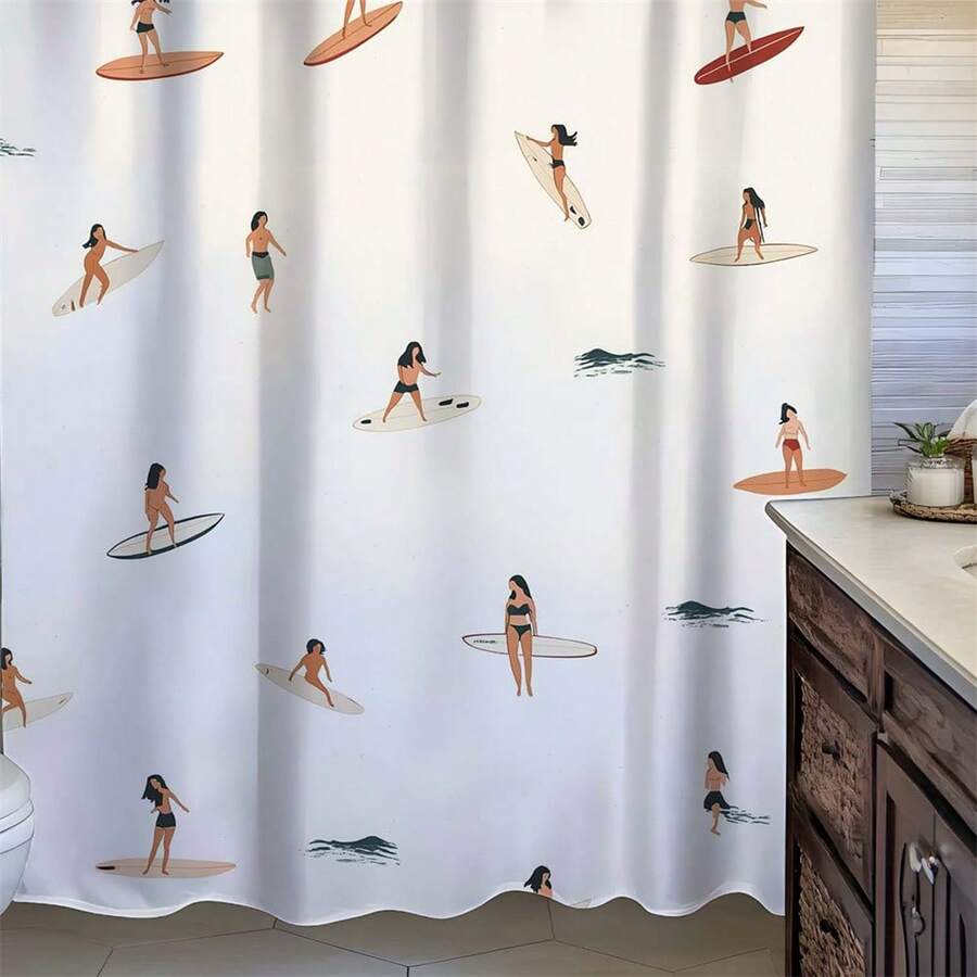 Vintage Surfing Print Waterproof Shower Curtain, With 12 Hooks, Suitable For Bathroom, Polyester Woven, Machine Washable, Decorative Art Style, Applicable For Bathroom And Window, Bathroom Curtain | Decorative Shower Curtain | Polyester Fabric, Bathroom Shower Curtain Set, Bathroom Decor - Multicolor - View 1