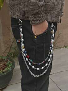 Corrente de Calça com Três Camadas de Pérolas e Strass Colorido, Ícone da Moda Acessório de Cintura Luxuoso, Minimalismo, Joias Hip Hop, Produto com Corrente Multicolorida Enviada Aleatoriamente