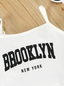 3件套少女布鲁克林字母印花吊带背心+网纱罩衫+短裤套装，时尚夏季户外套装，适合作为夏季礼物 - 白色 - 查看 6