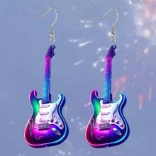 2D Flat Colored Guitar & Vinyl Record Music Festival Earrings - Boho Style 2D Flat Acrylic Cartoon Pendant With Zinc Alloy Hook, Lightweight And Durable Jewelry, Suitable For Concerts, Festivals, Casual Outfits - Perfect Gift For Music Lovers