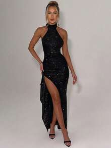 Summer Elegant Halter Black Maxi Long Dress For Women Slit Dress Wedding Night Out Evening Cocktail Party Dress Sexy