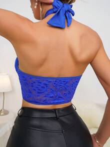 1pc Sexy Lace Up Halter Neck Underwired Bustier Cropped Tank Top, Backless Design - Royal Blue - View 7