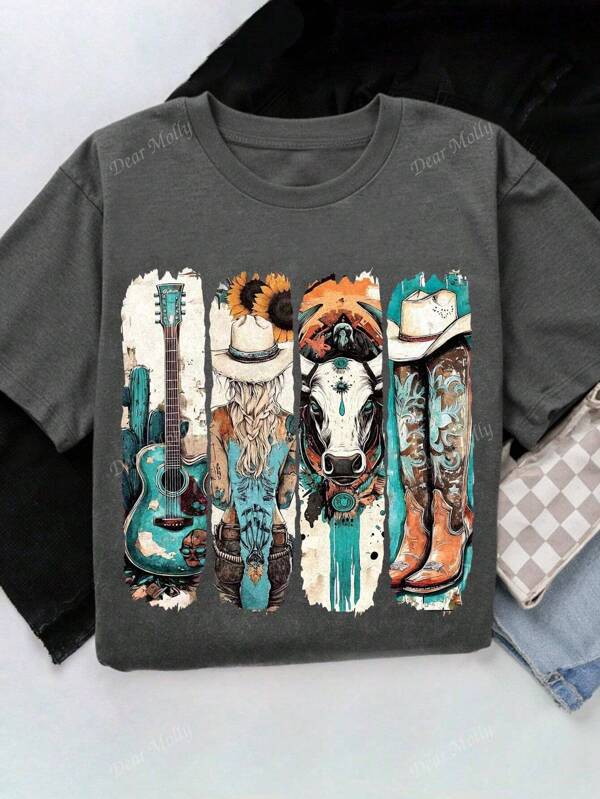 Plus Size Women Western Element Graphic Print Round Neck Short Sleeve T-Shirt, Suitable For Casual Daily Wear, All Seasons