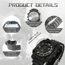 1 Relógio Eletrônico Multifuncional Masculino com Pulseira de Aço e Movimento Duplo, Relógio Masculino com Mostrador Grande e Resistente à Água