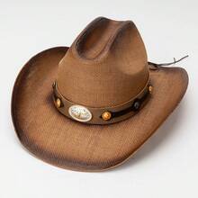 Vintage Cowgirl Hats For Women Men Classic Western Hat Floppy Straw Hat With Leather Belt - Khaki - View 5