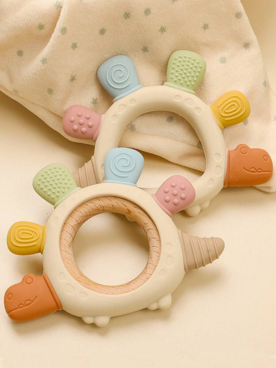 Baby Stegosaurus Silicone Teething Toy Babies Cute Dinosaur Wooden Ring Toys Easy To Grip Cartoon Dino Design Toddler Infant Accessory Youngest Teether Gifts