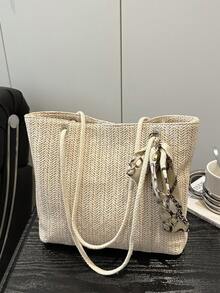 新款时尚女士大容量编织手提包，百搭单肩斜挎包，休闲时尚手提包 - 米色 - 查看 6