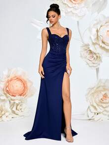 Elisanya Váy buộc lưng xẻ tà cổ chữ V sâu xếp nếp đính sequin thanh lịch, phù hợp cho các sự kiện trang trọng, tiệc tùng và tiệc chiêu đãi - Màu xanh hải quân - Xem 6