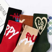 5 Pairs Unisex Mixed Color Graffiti Letter Mid-Calf Socks, Fashionable Casual Sports Socks For Daily Wear