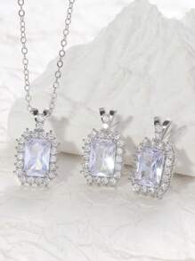 1 Set Square Shaped Zirconia Decorated Copper Earrings And Necklace Suit, Suitable For All Year Round, Adding Luxurious And Refined Touch To Every Seasonal Look, Showcasing Personalized And Fashion